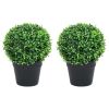 Artificial Boxwood Plants 2 pcs with Pots Ball Shaped Green 14.6"