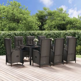 9 Piece Patio Dining Set with Cushions Black Poly Rattan