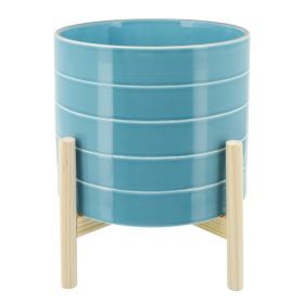 6 Inch Ceramic Planter, Round, Stripes, Wood Stand, Light Blue