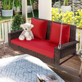 2-Person Wicker Hanging Porch Swing with Chains, Cushion, Pillow, Rattan Swing Bench for Garden, Backyard, Pond. (Color: Brown -Red)