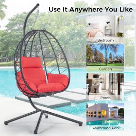 Outdoor Swing Chair Patio Wicker Hanging Egg Chair Hanging Basket Chair Hammock Chair with Stand for Bedroom Living Room Balcony (Colour: Red)