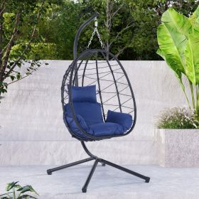 Outdoor Swing Chair Patio Wicker Hanging Egg Chair Hanging Basket Chair Hammock Chair with Stand for Bedroom Living Room Balcony (Colour: Navy Blue)