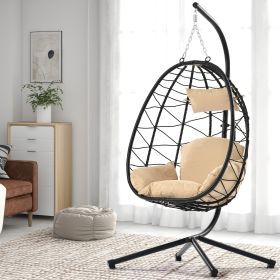 Outdoor Swing Chair Patio Wicker Hanging Egg Chair Hanging Basket Chair Hammock Chair with Stand for Bedroom Living Room Balcony (Colour: Beige)