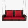 2-Person Wicker Hanging Porch Swing with Chains, Cushion, Pillow, Rattan Swing Bench for Garden, Backyard, Pond.