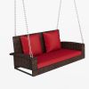 2-Person Wicker Hanging Porch Swing with Chains, Cushion, Pillow, Rattan Swing Bench for Garden, Backyard, Pond.