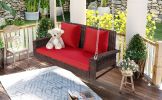 2-Person Wicker Hanging Porch Swing with Chains, Cushion, Pillow, Rattan Swing Bench for Garden, Backyard, Pond.