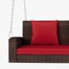 2-Person Wicker Hanging Porch Swing with Chains, Cushion, Pillow, Rattan Swing Bench for Garden, Backyard, Pond.